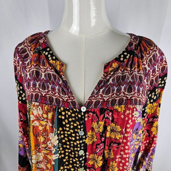 Figueroa & Flower Boho Top P Large Multi Color Floral 3/4 Puff Sleeve Lace Back - Picture 2 of 9